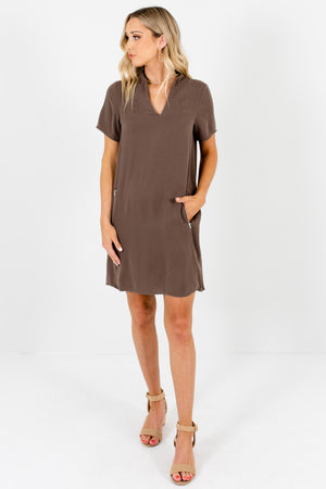 Womens Business Casual Brown Mini Dresses with Pockets