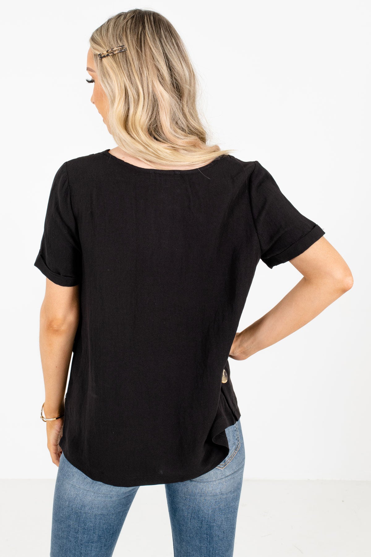 Black Front Pleated Accent Boutique Tops for Women