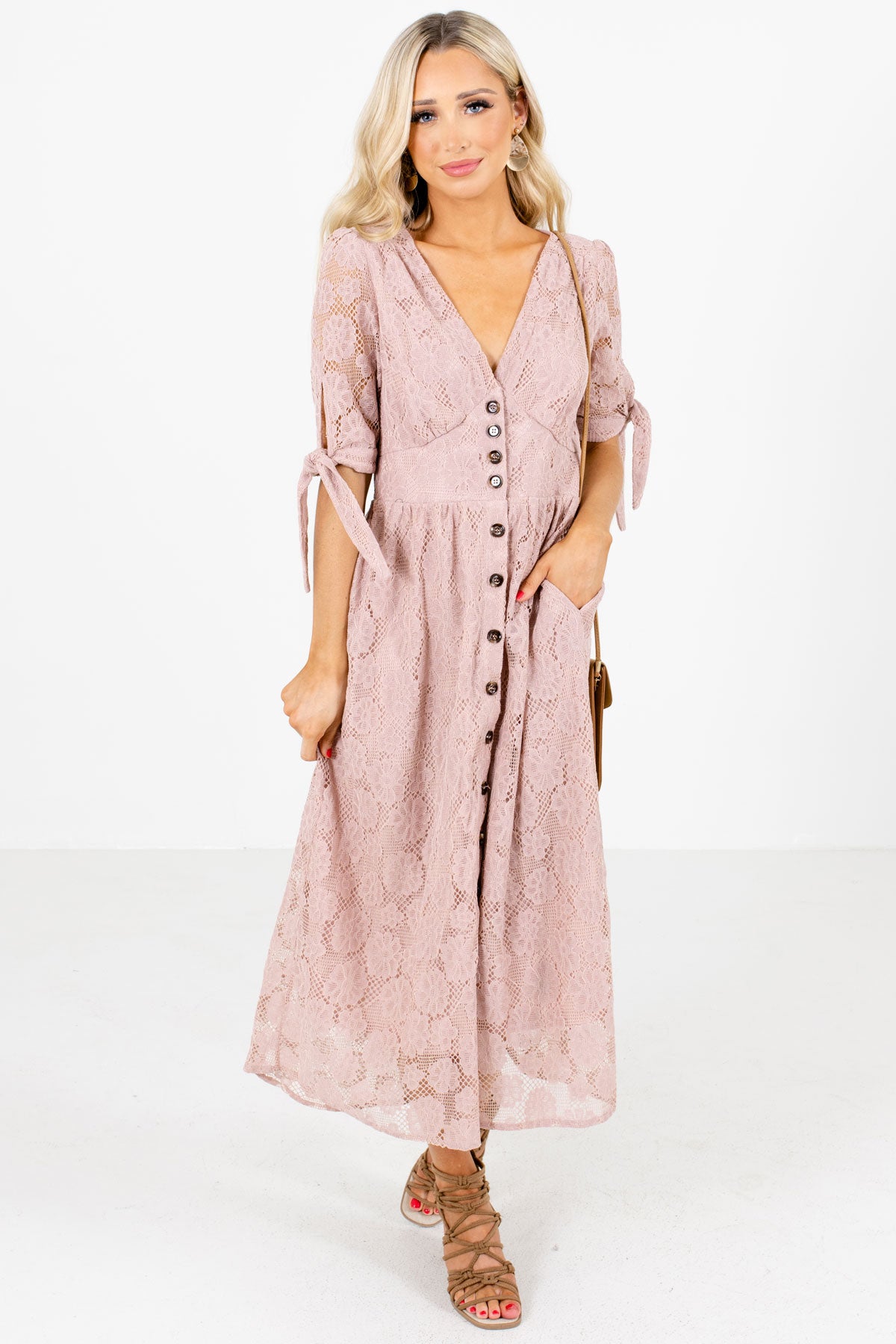 Pink Self-Tie Sleeve Boutique Midi Dresses for Women
