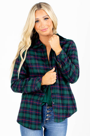 Green Plaid Patterned Boutique Tops for Women