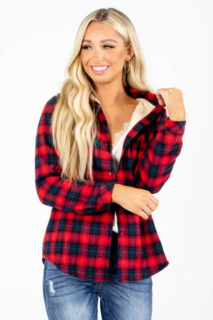 Red Plaid Patterned Boutique Shirts for Women
