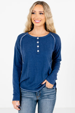 Blue Button-Up Neckline Boutique Tops for Women