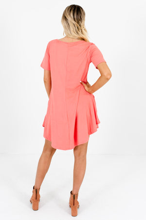 Coral Pink Soft Stretchy Mini Dresses with Pockets and Rounded Hem