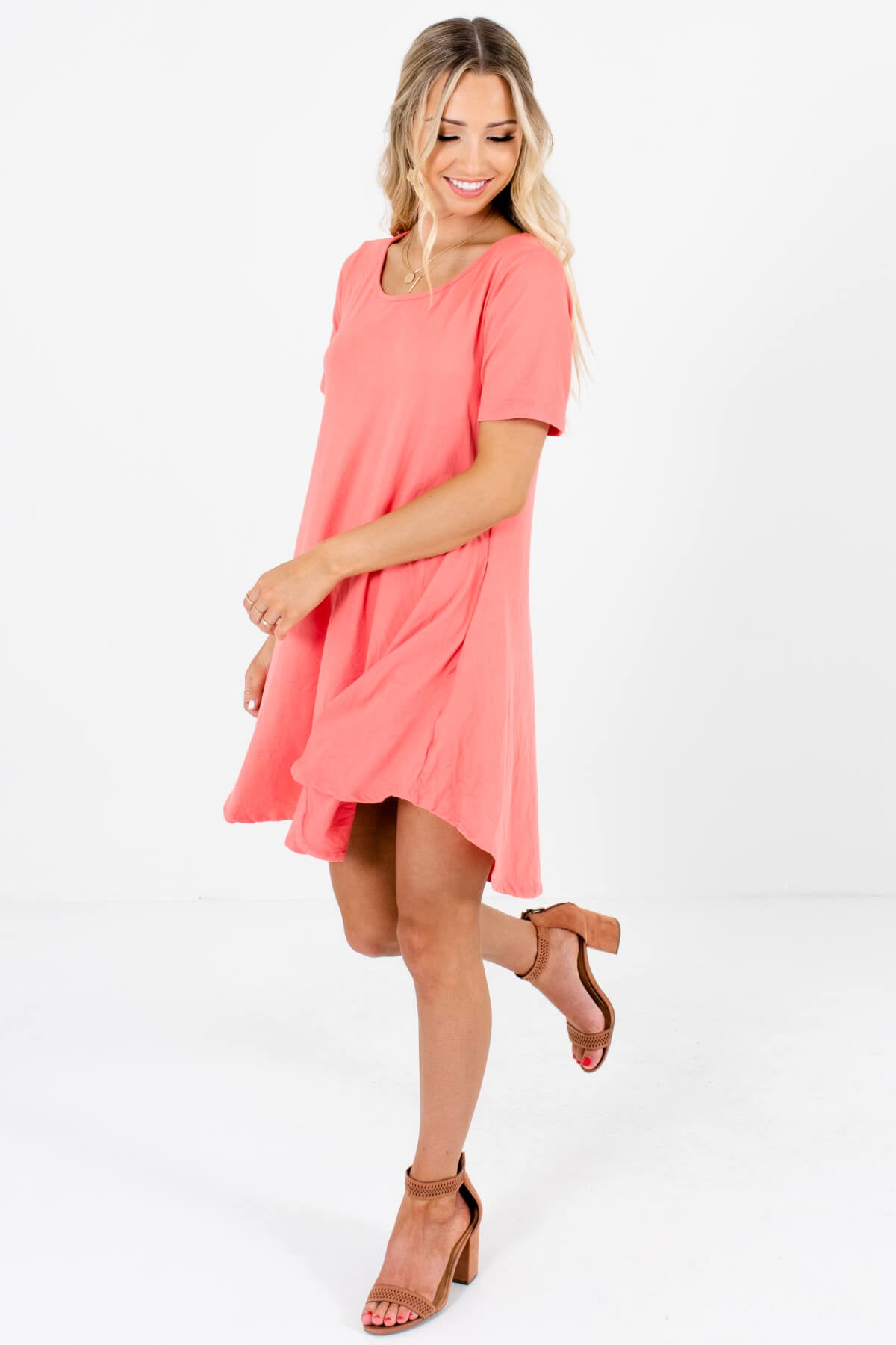 Coral Pink Cute Soft Stretchy Boutique Mini Dresses with Pockets