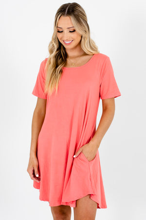 Coral Pink Soft Stretchy Boutique Mini T-Shirt Dresses with Pockets