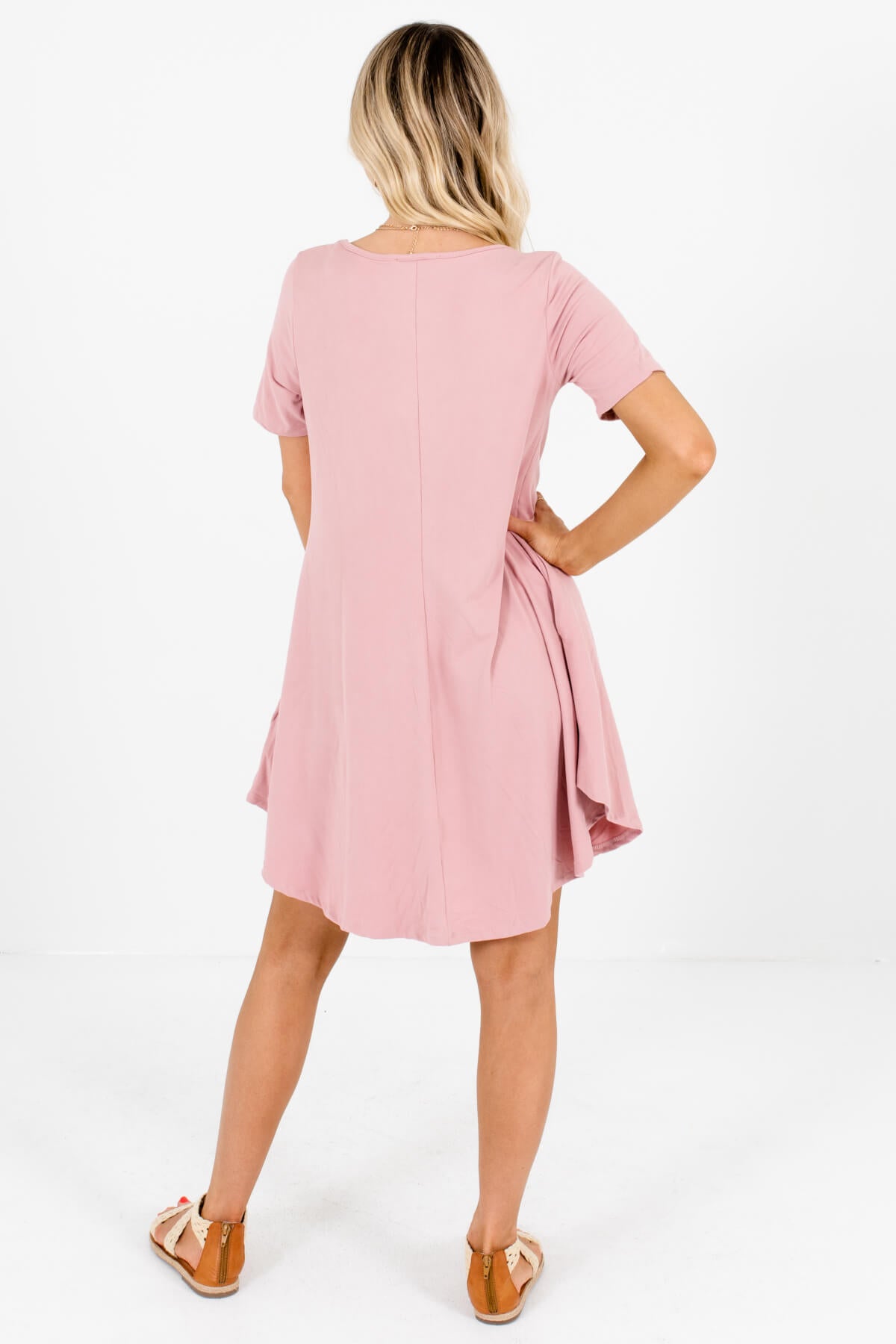 Pink Rounded Hem Super Soft Mini Dresses with Pockets and Short Sleeves