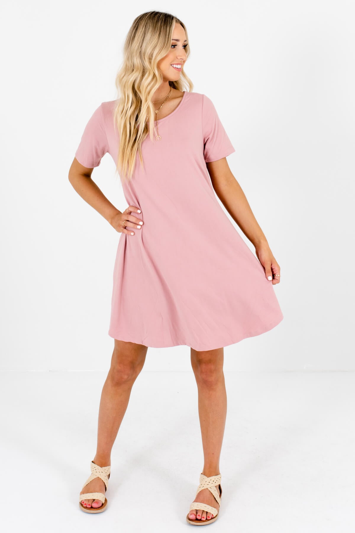 Dusty Rose Pink Soft Boutique Mini Dresses with Pockets