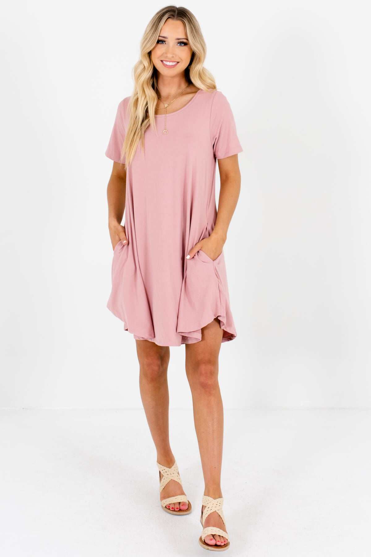 Pink Rounded Hem Soft Mini Dresses with Pockets Boutique