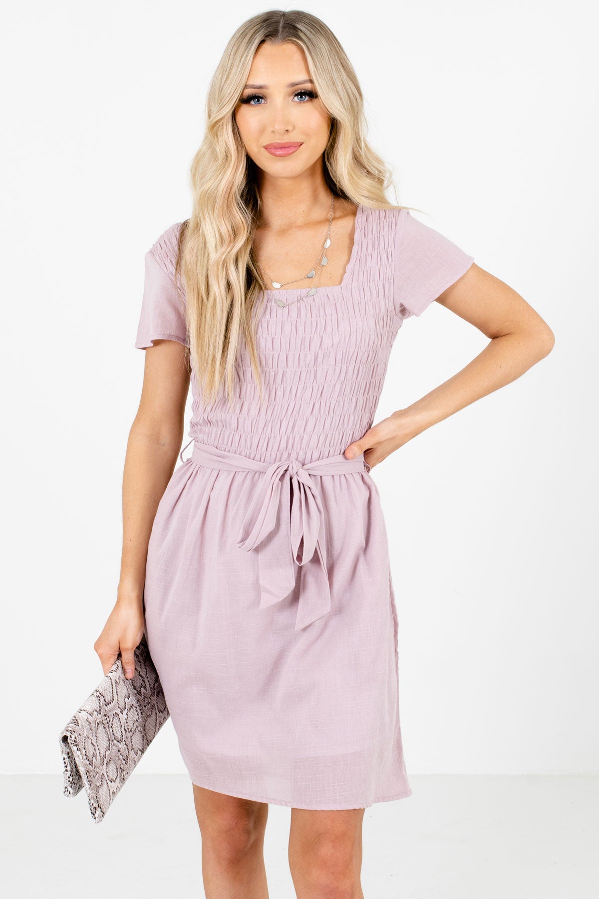 Lavender Purple Smocked Bodice Boutique Mini Dresses for Women
