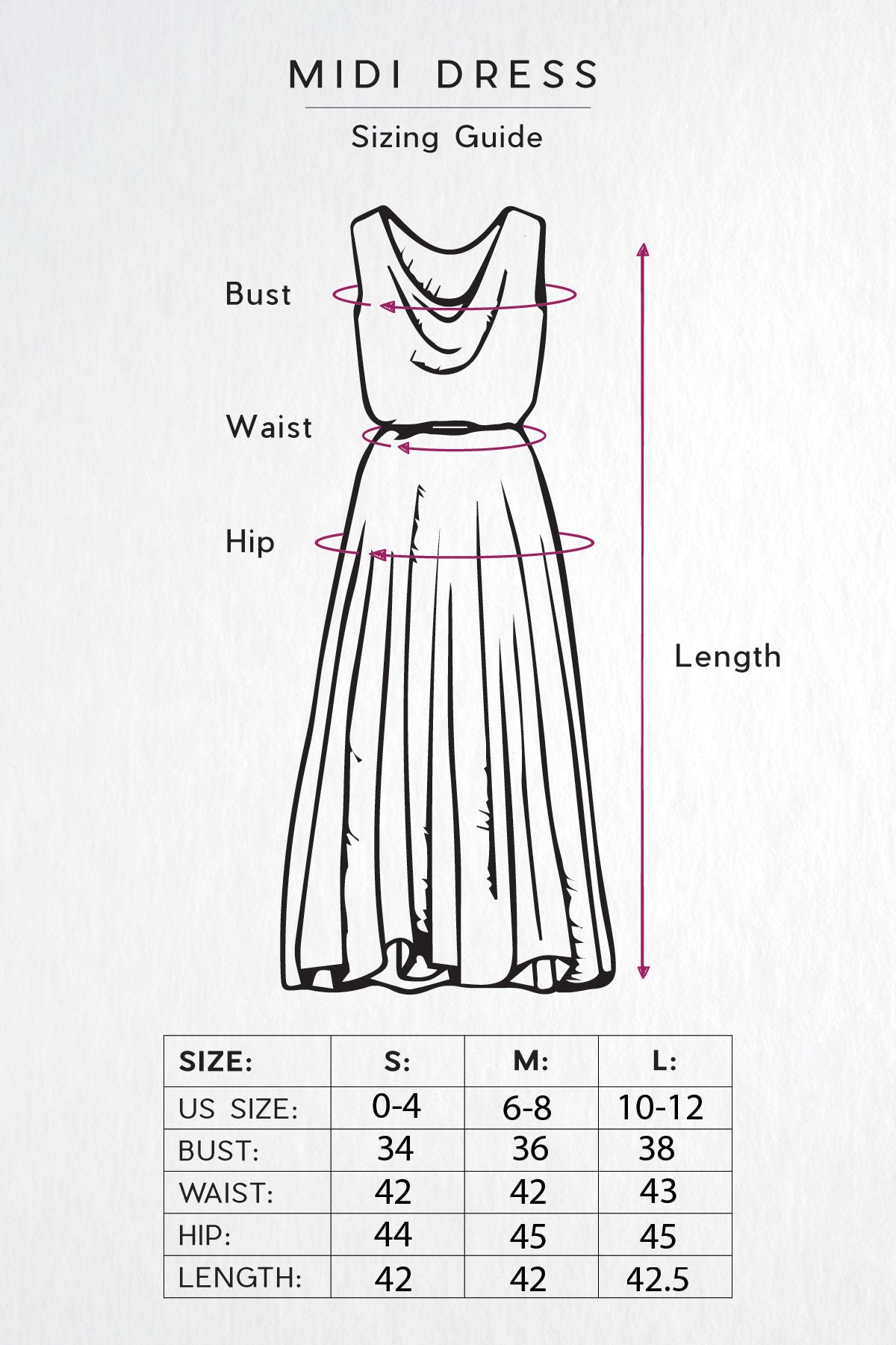 Midi Dress Sizing Guide from Bella Ella Boutique.
