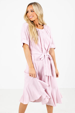 Pink Waist Tie Detailed Boutique Midi Dresses for Women