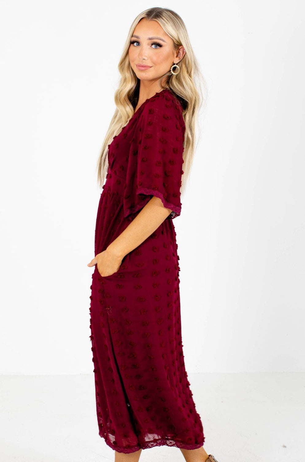 Maroon Pocket Lace Boutique Dresses for Women
