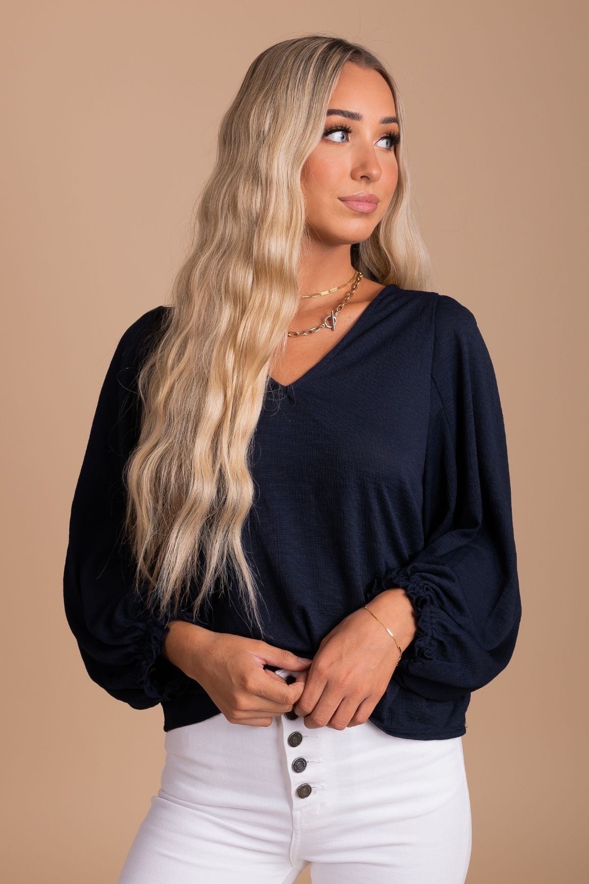Navy Blue Long Sleeve Boutique Tops for Women
