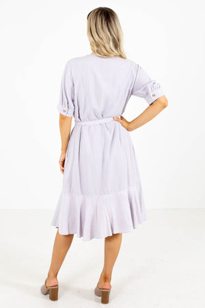 Light Purple-Gray Midi Dress With Pleated Bodice and Tie Front.