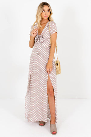 Women's Taupe Brown Hem Slit Boutique Polka Dot Patterned Maxi Dress