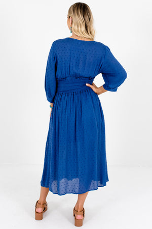 Women's Blue Smocked Waistband Boutique Midi Dresses