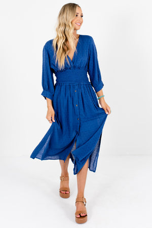 Women's Blue Hem Slit Detailed Boutique Midi Dress