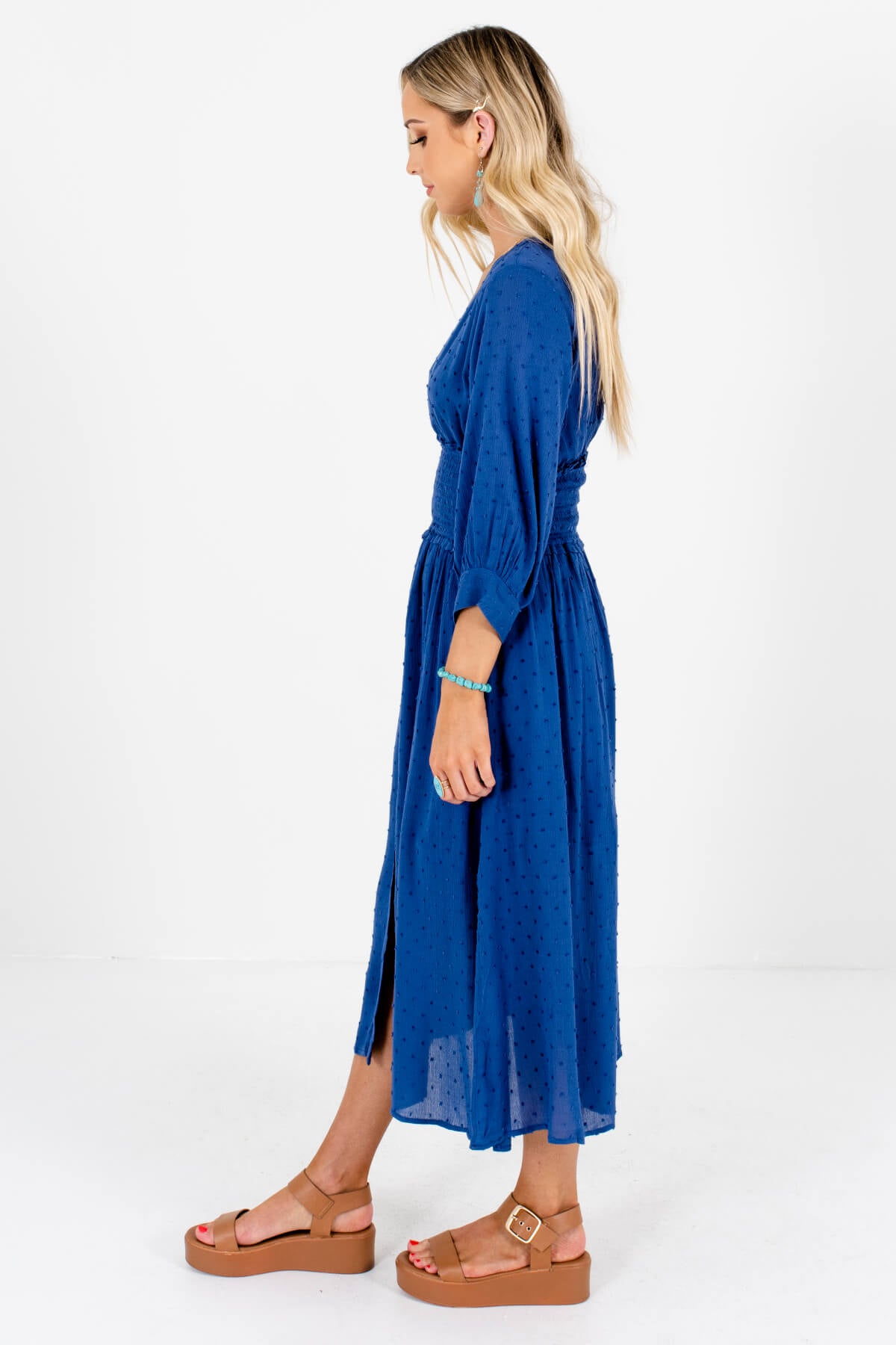 Blue 3/4 Length Sleeve Boutique Midi Dresses for Women