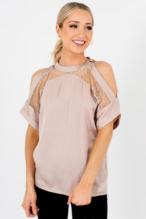 Metallic Beige Satin Blouses with Belted Neckline and Lace Accents