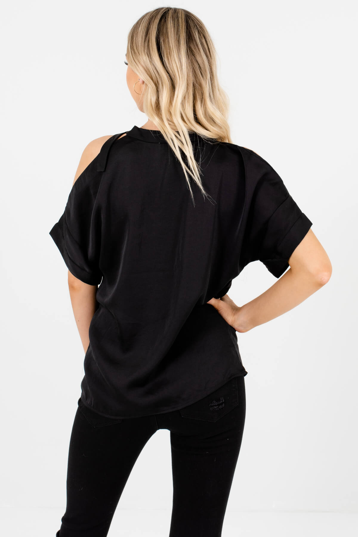 Black Satin Lace Belted Neckline Blouses Affordable Online Boutique