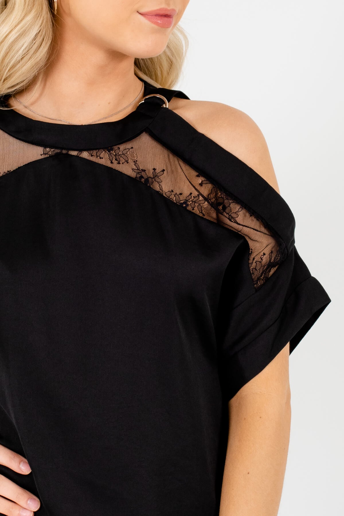 Black Satin Lace Cold Shoulder Blouses Affordable Online Boutique