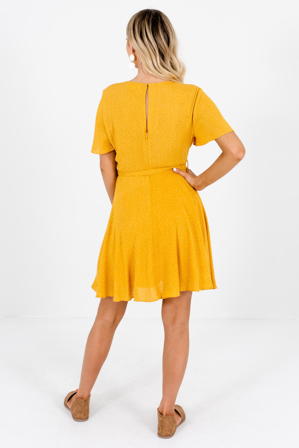 Women's Mustard Faux Wrap Style Boutique Mini Dress