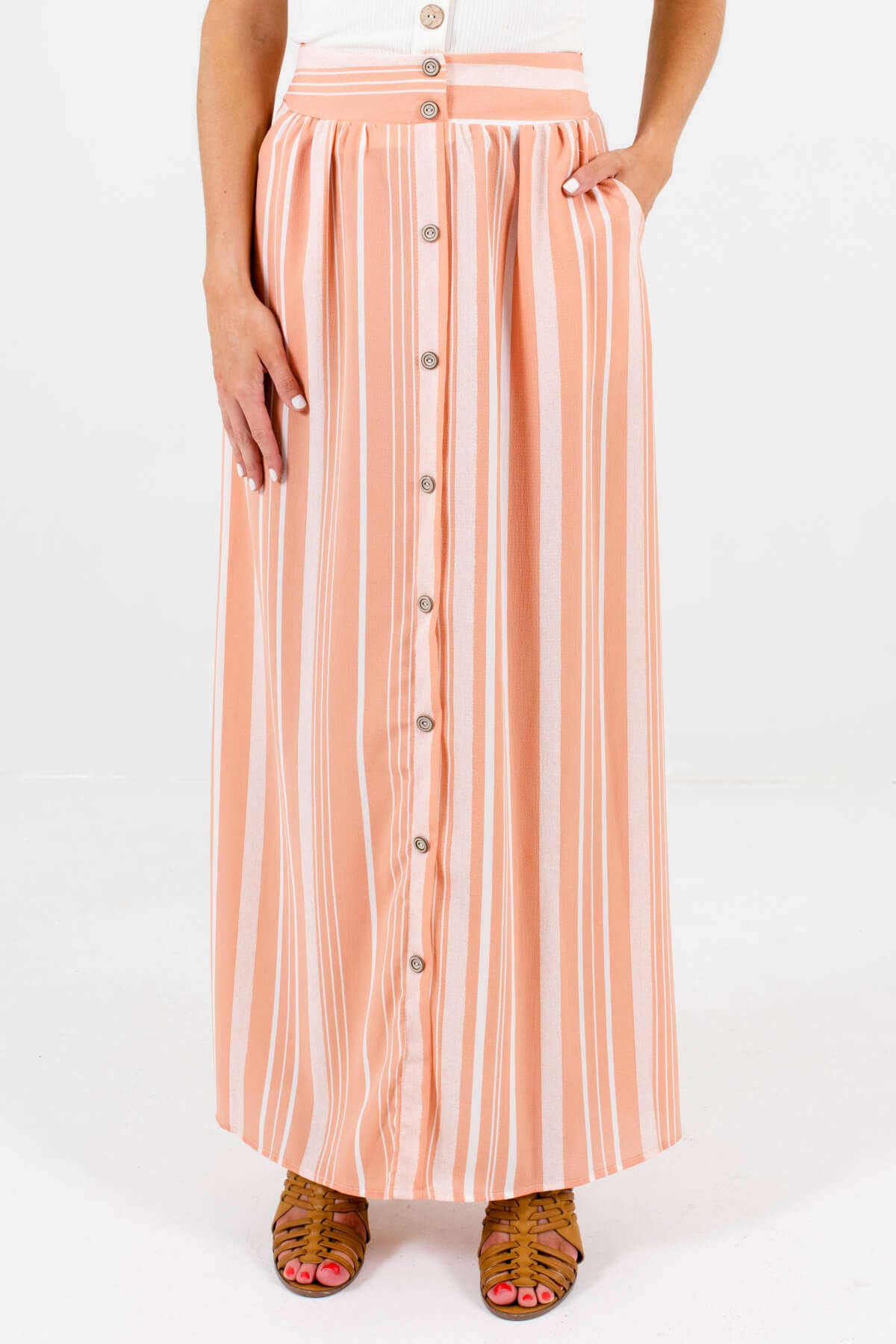 Peach Pink and White Striped Boutique Maxi Skirts for Women