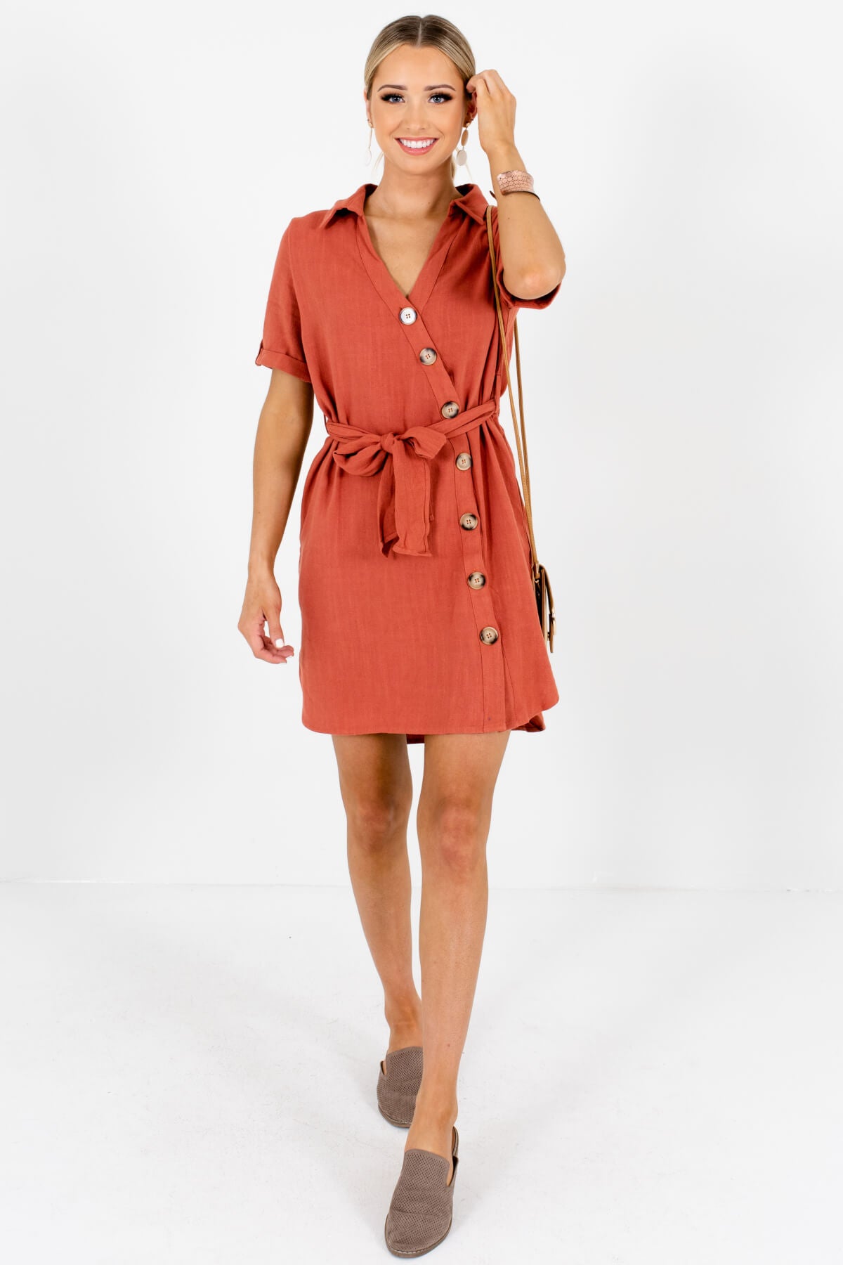 Rust Orange Asymmetrical Button-Up Mini Dresses for Summer and Fall