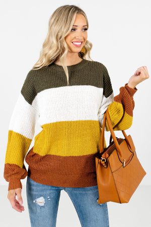 Mustard Yellow Color Block Striped Patterned Boutique Sweaters for Women
