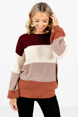 Taupe Brown Color Block Striped Patterned Boutique Sweaters for Women