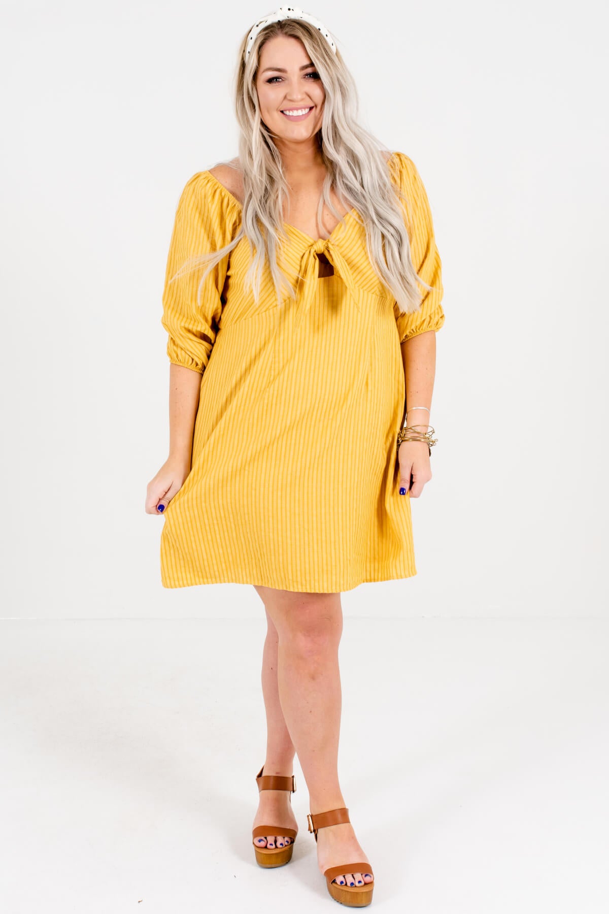 Mustard Yellow Off Shoulder Puff Sleeve Tie-Front Plus Size Mini Dresses