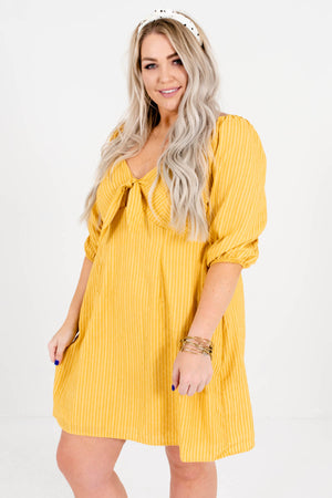 Mustard Yellow Plus Size Puff Sleeve Tie-Front Mini Dresses for Summer