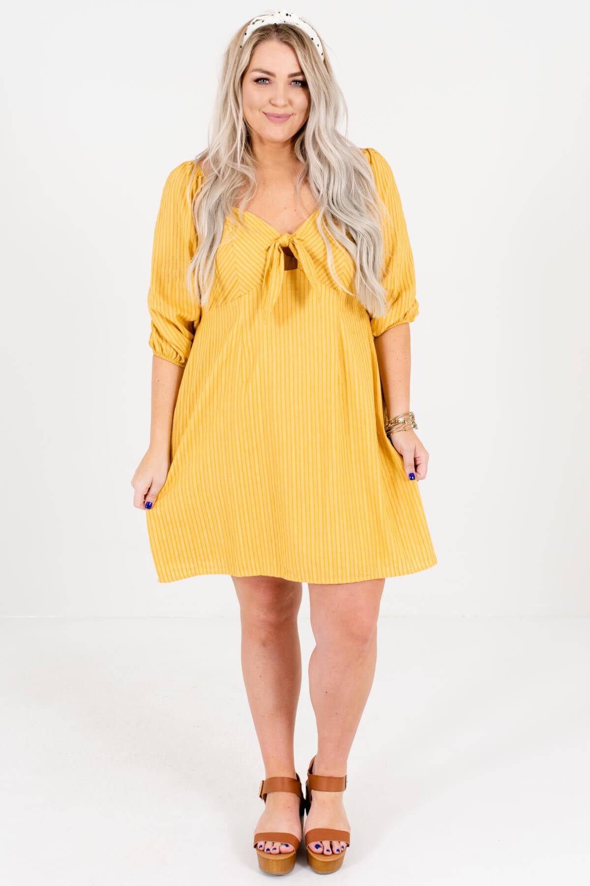 Mustard Yellow Stitched Puff Sleeve Tie-Front Plus Size Mini Dresses