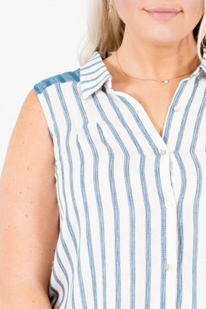 White Blue Striped Button-Up Tanks Plus Size Boutique