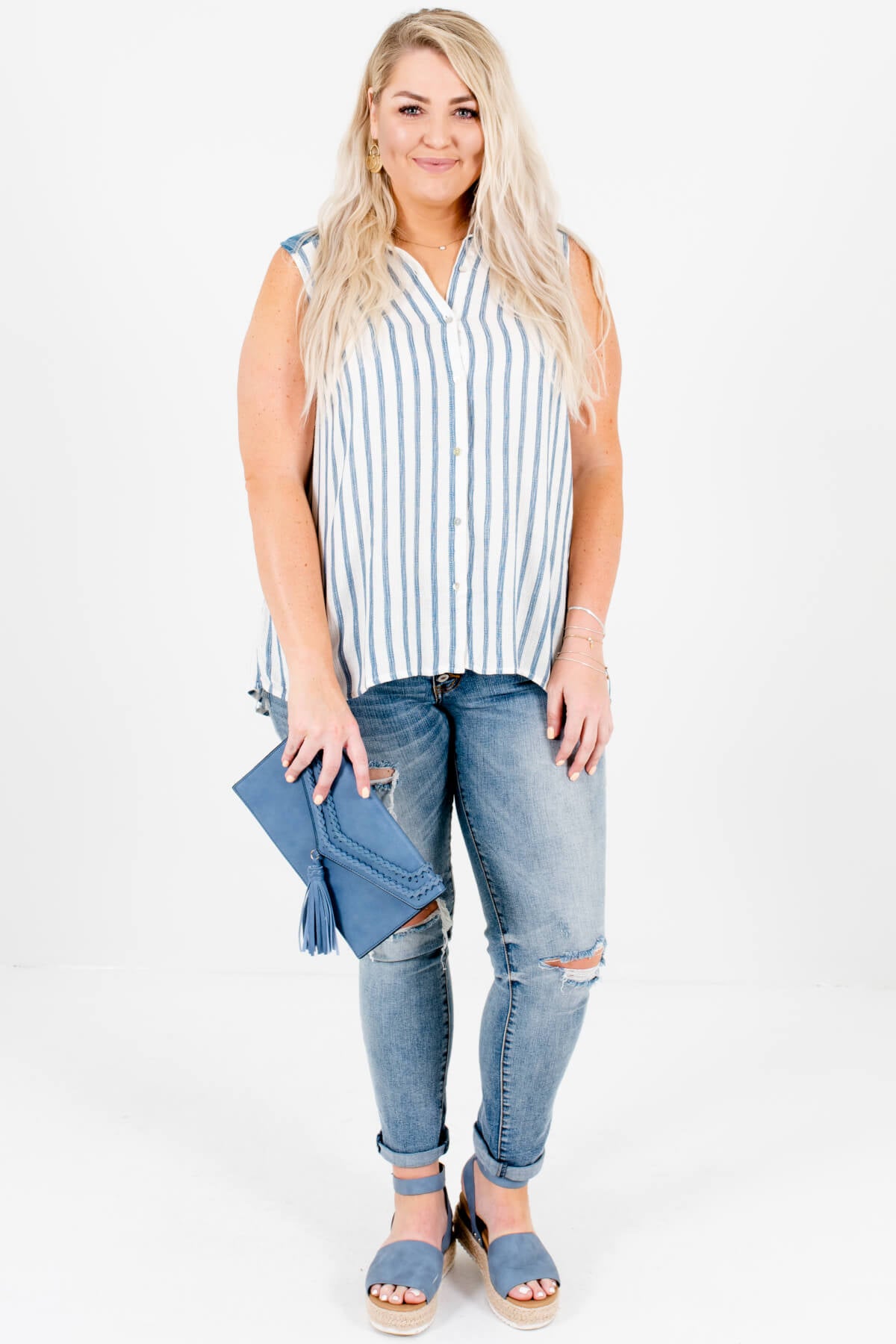 White Blue Striped Plus Size Button-Up Tank Top Shirts for Women