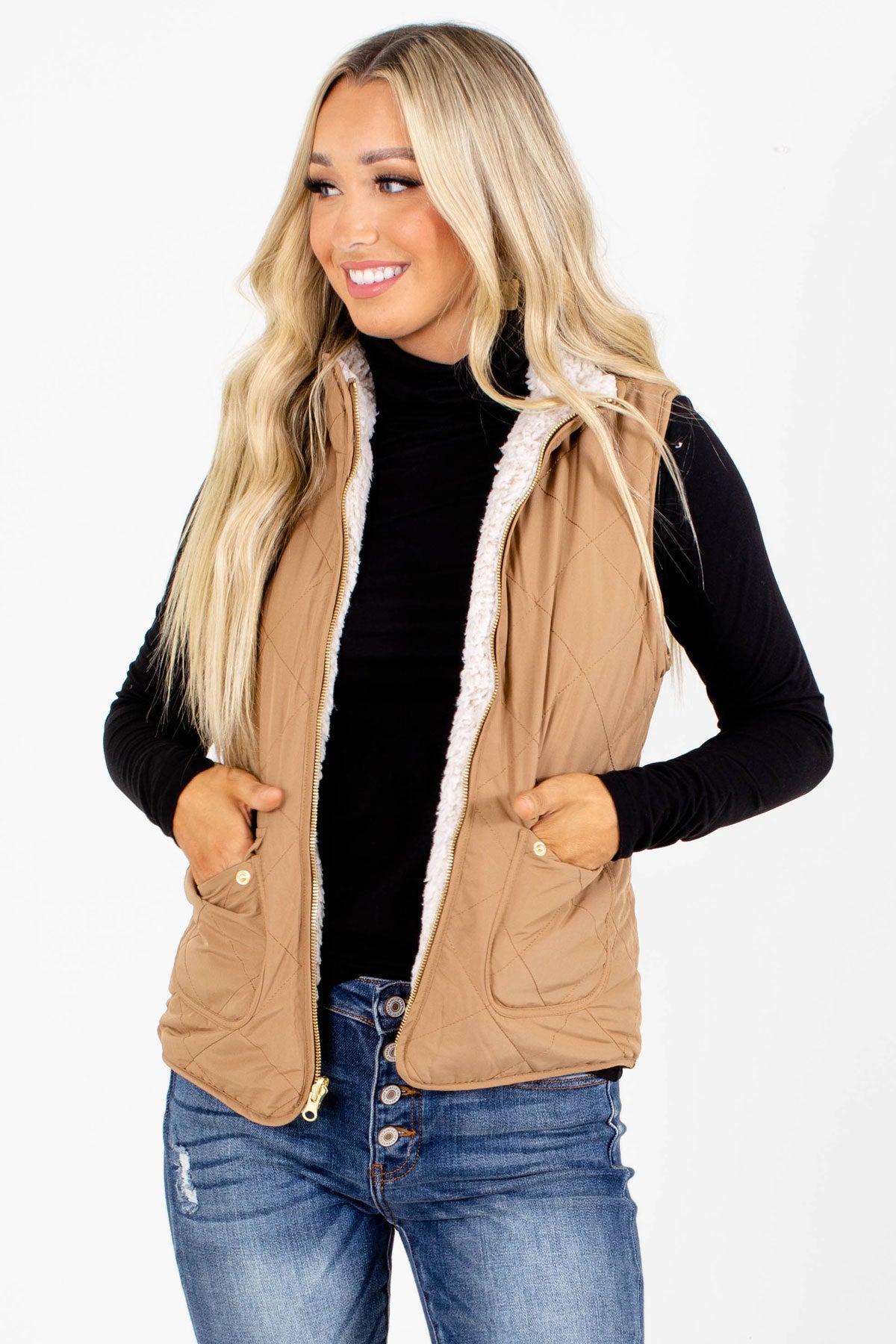 Camel High-Quality Quilted Material Boutique Vests for Women