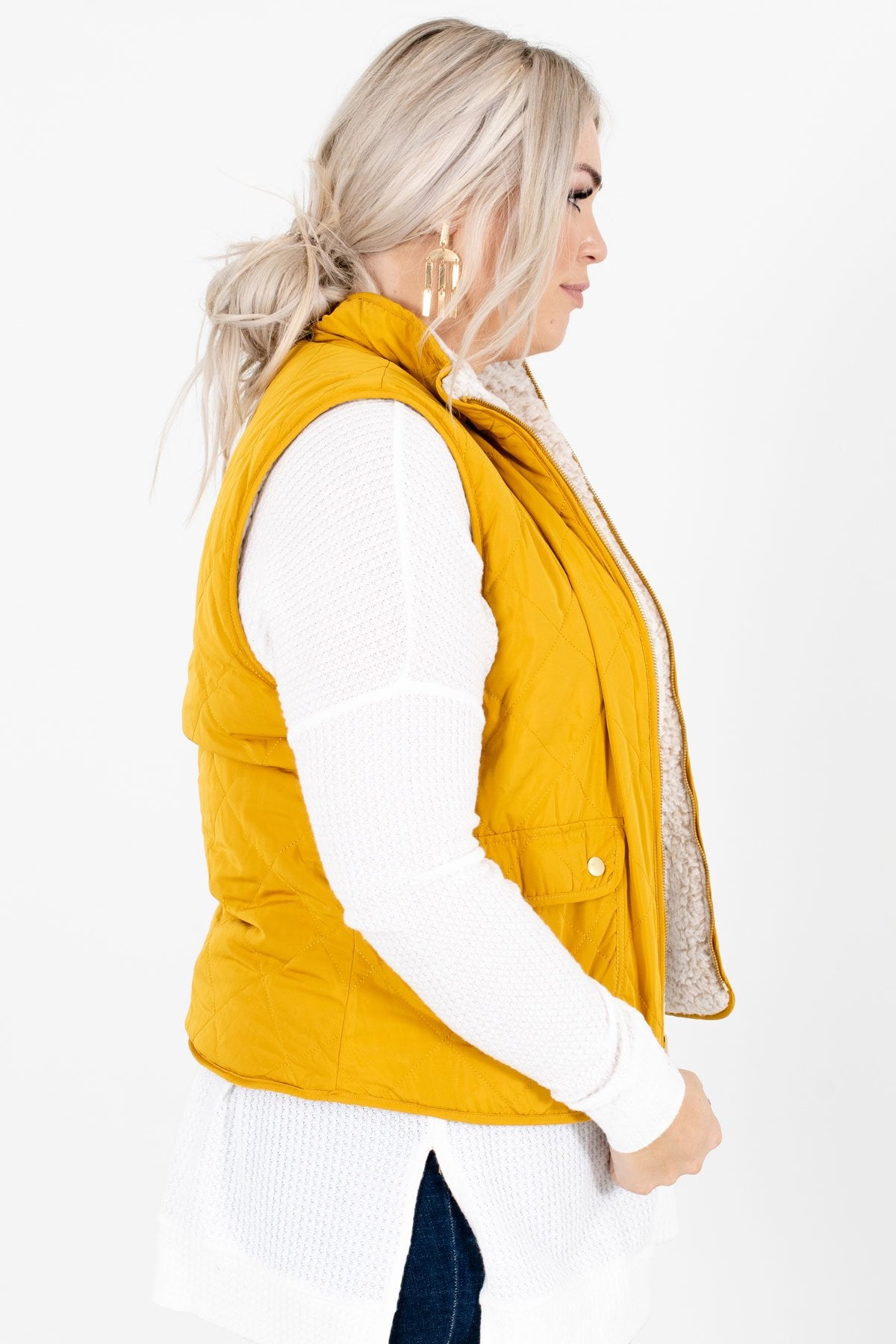 Mustard Yellow Zip-Up Front Boutique Vests for Women