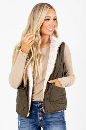 Olive High-Quality Quilted Material Boutique Vests for Women
