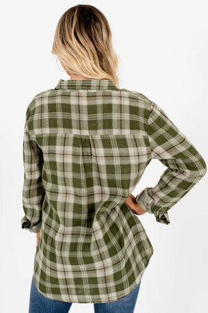 Women's Green Plaid Button-Up Front Boutique Tops