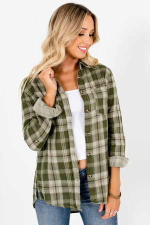 Green Plaid Front Pocket Boutique Tops for Women