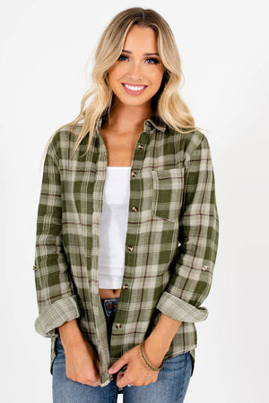 Green White and Brown Plaid Patterned Boutique Tops for Women
