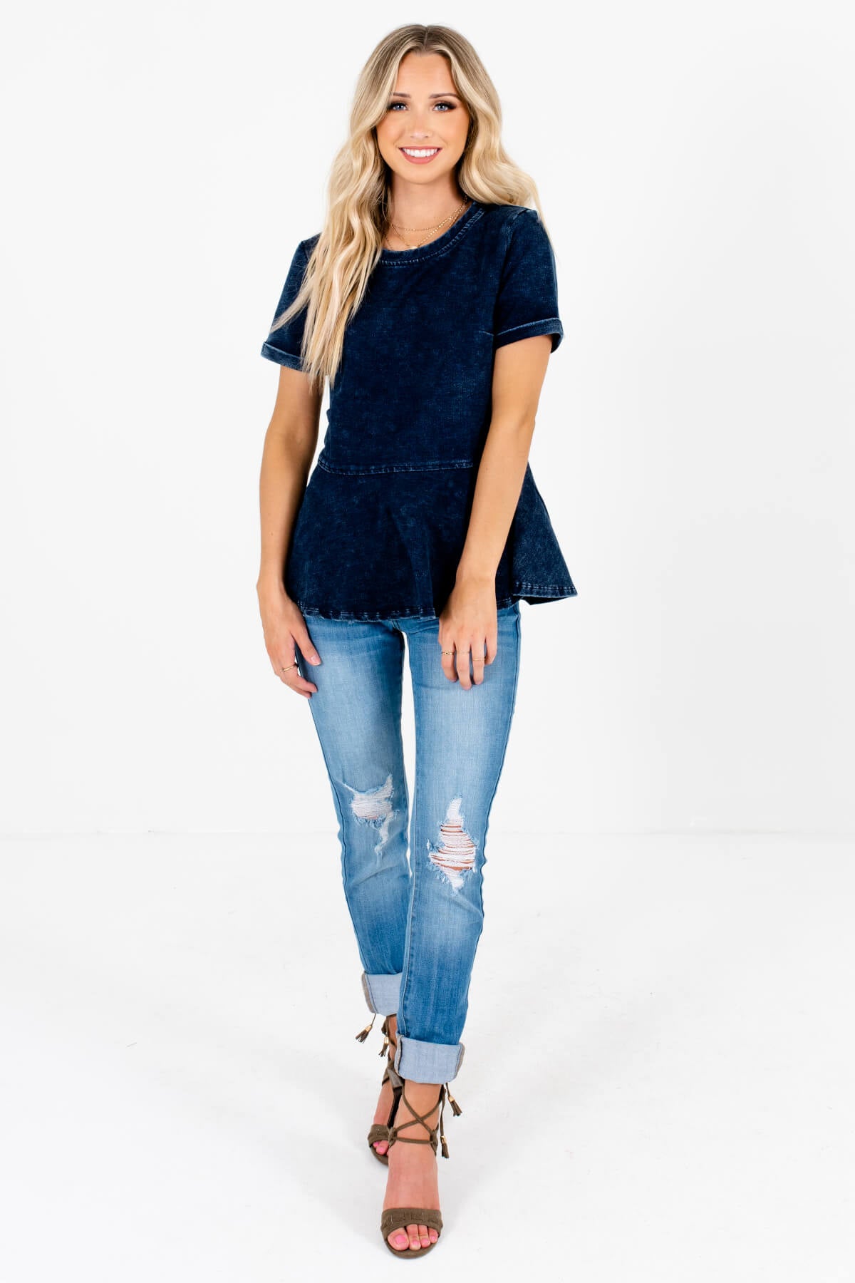 Dark Blue Distressed Detailed Boutique Tops for Women