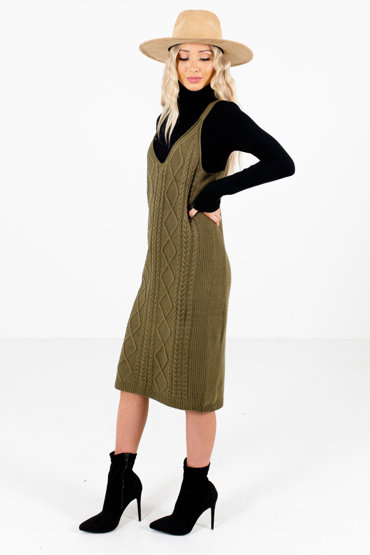 Olive Green V-Neckline Boutique Knee-Length Dresses for Women