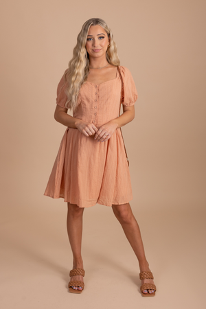 Orange Button-Up Bodice Boutique Mini Dresses for Women