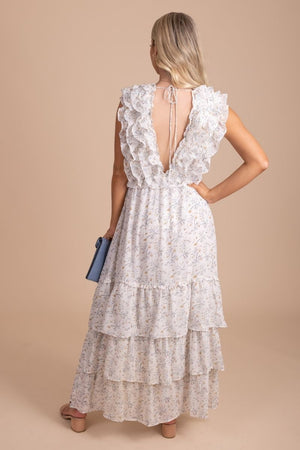 open back maxi dress in white with floral details