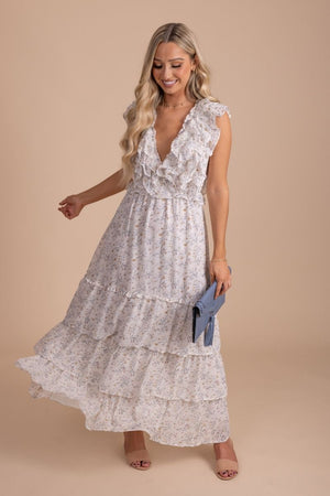 ruffled layer skirt with floral print maxi dress in white