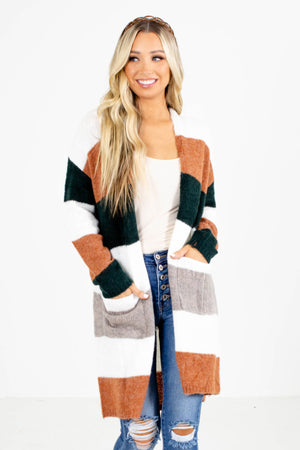 Cardigan for Women with White, Green, and Orange Stripes