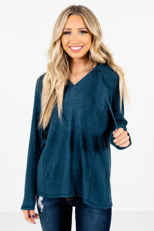 Blue High-Quality Ribbed Material Boutique Hoodies for Women