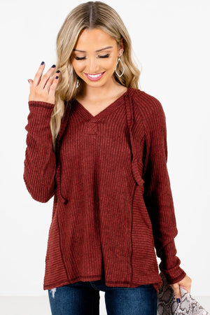 Rust Red High-Quality Ribbed Material Boutique Hoodies for Women