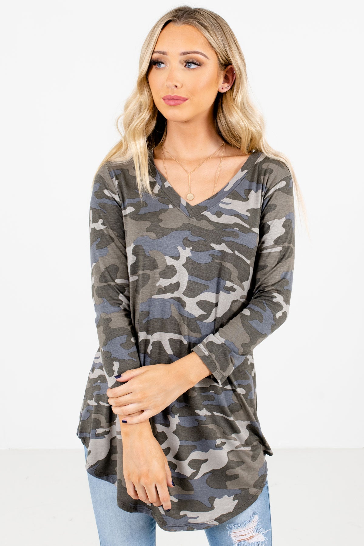 Green Camouflage Print Boutique Tops for Women